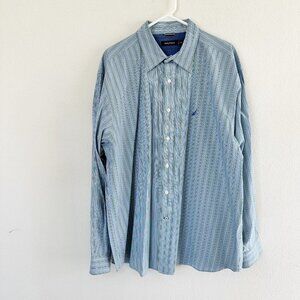 Nautica Shirt Mens Size XXL Blue Green Striped Long Sleeve Logo Button Front